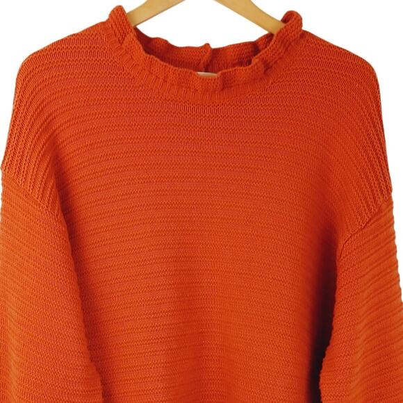 Madewell SZ L Ruffle-Neck Pullover Sweater in Cotton-Merino Yarn Color: Knit Red - Picture 3 of 5